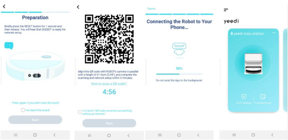 Der Einrichtungsprozess der Yeedi App wird dargestellt